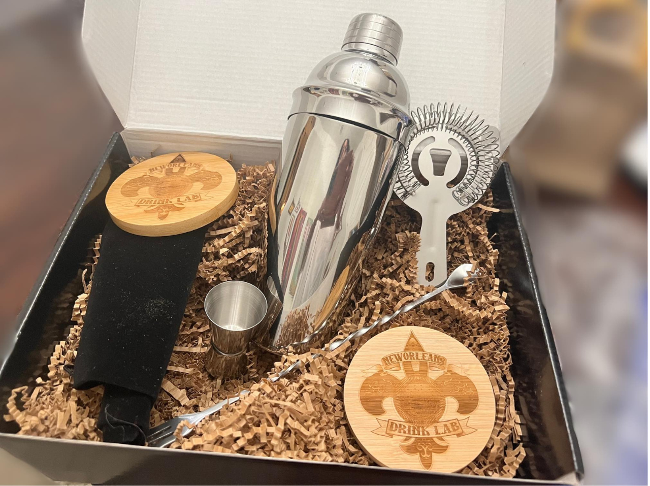 5 O'Clock in a Box from New Orleans Drink Lab, a box with all you need to prep cocktails.